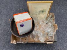 A box of French metal twin handled pan, vintage coffee tin,