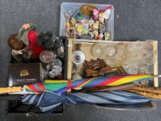 Two crates of assorted glass, Black forest wall clock, doll, parasol,