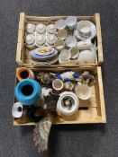 Two boxes of tea china, cabinet plates, figurines,