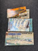 Four Air Fix model kits - German E Boat, Cutty Sark,