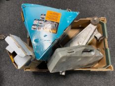 A box of trolley jack, socket sets,
