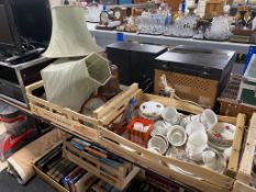 Two boxes of table lamps, silk work table screen, assorted tea china,