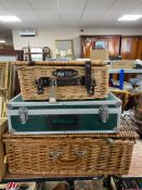 Two wicker picnic cases and aluminium case CONDITION REPORT: All three are