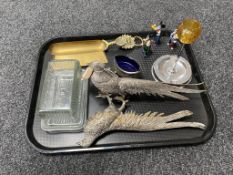 A tray of Louella glass butter dish, brass crumb scoop,