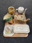 A tray of assorted china to include Royal Doulton character jug 'Arriet', Indian Tree vase,
