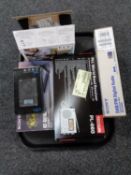 A tray of assorted electricals to include Uniden 100 channel scanner, 4.