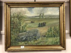 Continental school, hay cart with horses beyond,