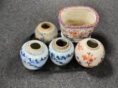 A tray of Oriental wares, ginger jars,