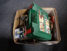 A box of Black and Decker multi saw, bottle jack, hand tools,