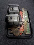 A tray of two railway lamps together with pewter model of a train and five assorted train plaques