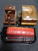 A tray of ornamental pistols, Eastern trinket box and cigarette box, cased spoons,