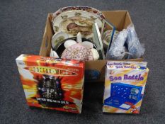 A box of picture frames, antique Imari meat plate, tea china,