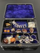 A Victorian jewellery box containing amber and silver jewellery; pendant on chain,