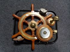 A tray of shipping related items - ship's wheel barometer,