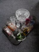 A tray of assorted glassware, ships in bottle, ashtrays, champagne flutes, vases,