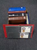 A box of six stamp albums, Malta, Barbados,