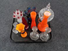 A tray of glass ware, art glass vases, coloured glass,
