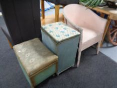 A painted loom basket chair together with a loom box and storage stool