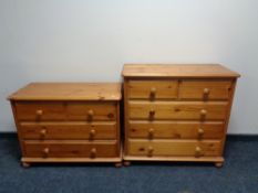 A pine five drawer chest together with matching three drawer chest