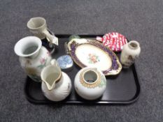 A tray of antique and later china, glass and metal pieces : Aynsley cobalt blue oval dish,