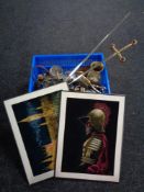 A box of metal ware, mid century tea services,