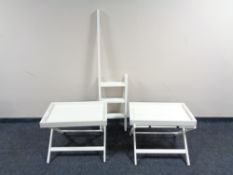 A set of folding library steps together with two wooden bulter's trays on stand