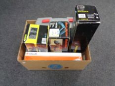 A box of assorted power tools, cased performance hammer drill,
