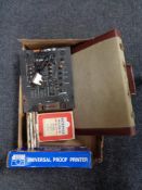 A box of Gemini mixer, developing tank, four Victorian tiles,