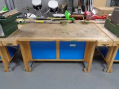 An Lervad school wood working bench fitted with internal drawers and four vices