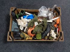 Two boxes of action men, vehicles,