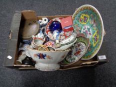 A box of antique and later Oriental china, chargers, Imari plate,
