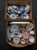 Two boxes of English tea and dinner china, Doulton and Burleigh ware willow pattern,