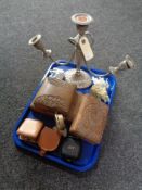 A tray of carved wood boxes, travel clock, gent's cuff links,
