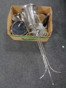 A box of pans, dishes, Le Creuset pans,