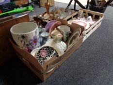 Two boxes of china, Italian vase, lustre vases, Mason's plates,