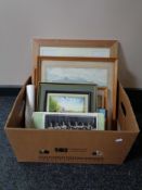 A box of assorted pictures and prints, Peter Wiggins oil on board of high level bridge,