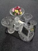 A tray of assorted glass ware, vases, decanters,