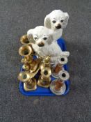 A tray of assorted brass, eastern vases, candlesticks,