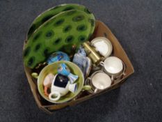 Two boxes of china, J Meakin tea china, vintage brass model of train,