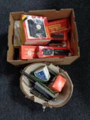 A box and basket of Hornby rolling stock, track and accessories, Airfix,