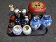 A tray of antique and later oriental vases, pair of cloisonne vases, marble lidded vases,