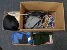 Two boxes of lady's clothing, fur trimmed capes, Parasols,