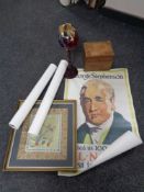 A box of Chinese silk work panel, wooden table box, painted egg on stand,