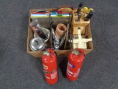 Two boxes of wine glasses, kitchen ware knife block, scales, chopping block,