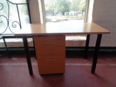 An office table on metal legs together with a beech 3 drawer filing chest