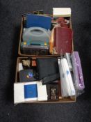 Three boxes of electricals, books BBQ tools,