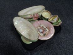 A tray of nine pieces of Maling, pair of Dahlia vases, Maling brown chintz bowl,