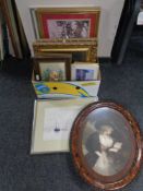 A box of assorted framed pictures and prints - hunting scenes, oil on board of flowers,