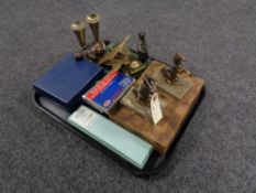 A tray of cased cutlery, harmonica, plated wares, metal figures,