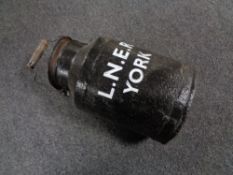 An antique painted metal churn with LNER York decoration